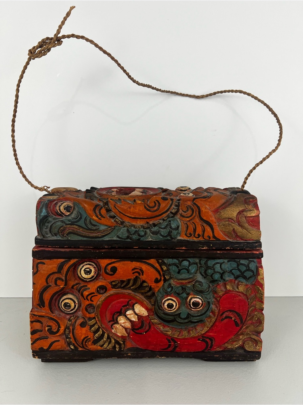 Vintage Tibetan Wooden Box Painted Buddhist Ritual Altar Trunk Cheppu Motif